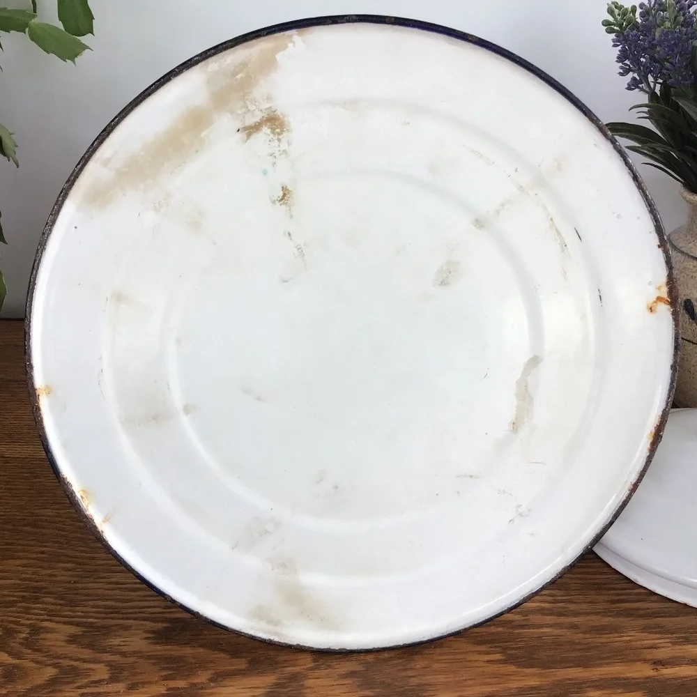 Vintage Enamel White & Blue Coffee Pot & Lid Kettle Enamelware Rustic Antique